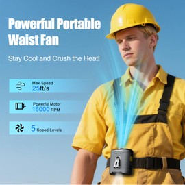 Upgraded Portable Waist Fan & Neck Fan, Up to 40H Runtime, 10000mAh Rechargeable Clip-On Belt Fan with 5-Speed 16000 RPM Turbo Airflow, Personal Wearable Fan for Outdoor Work, Camping, Travel - Gray