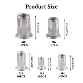 Set of 110 Rivet Nuts Assortment, M3 M4 M5 M6 M8 Stainless Steel Blind Rivet Nuts Set, Rivet Nuts for Rivet Nut Pliers, Flat Head Retractable Nuts, Threaded Sleeves Threaded Rivets for Metal Plates