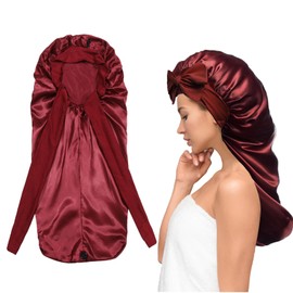 ZMC Long Satin Bonnets with Tie Band, Large Soft Satin Hair Bonnet for Sleeping Night Hair Wrap Sleep Cap for Adult Curly Natural Hair(red)