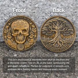 3 Pack-Memento Mori Coin - Skull & Tree of Life Design, Memento Vivere Theme, Display Case Included, Ideal for Enthusiasts and Gifts (Single Coin)