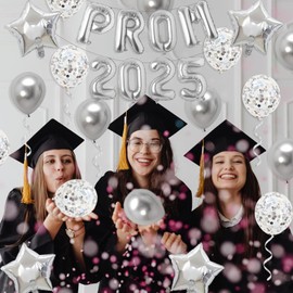 Gidobo Prom 2025 Balloons, Silver Foil Banner with 16pcs Latex Balloons for 2025 Graduations College High School Grad Party Supplies