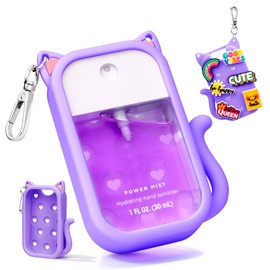 Metyond Silicone Case Compatible with Touchland Hand Sanitizer Spray 1 FL OZ/30ML, Portable Cat-shaped Case with 6 Charms and Keychain, Cute Hand Sanitizer Spray Accessory (1PCS Purple)