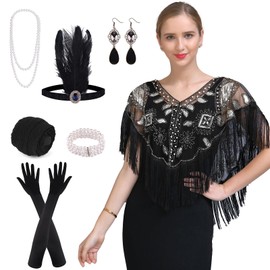 PLULON 8 Pcs 1920s Flapper Accessories Set for Women, Great Gatsby Dresses Sequin Shawl Wraps Roaring 20s Dresses for Party with Feather Headband(Black Silver)