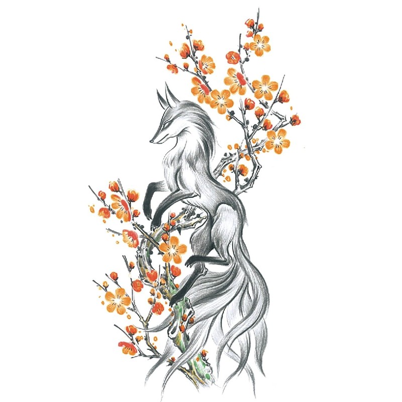 Sakura Fox5 Temporary Fox Tattoo Animal Tattoos Cherry Blossom Tattoos