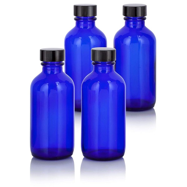 Cobalt Blue 4 oz Glass Boston Round Bottle with Black