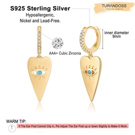 Heart Evil Eye Earrings Huggie Hoop, 14K Gold Plated Sterling Silver Post Dangle Hoop Cuff Earrings Huggie Hoop Earrings Hypoallergenic Cubic Zirconia Huggies Earrings for Women
