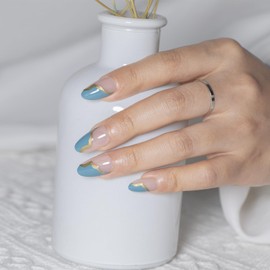 AUBSS Press On Nails Short Almond, Elegant Teal Dab Gold Chrome Fake Nails, Reusable Stick On Acrylic False Nails, 16 Sizes 32 Nail Kit