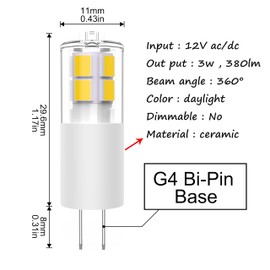 KAPATA G4 LED Bulbs Daylight White 5000K 3W 12V JC Bi-Pin Light Bulbs LED G4 20W-30W T3 Halogen Bulb Replacement Landscape Bulbs, 6 - Pack
