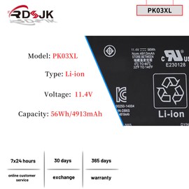 PK03XL Laptop Battery for HP Spectre X360 13-4000 13-4001DX 13-4002DX 13-4003DX 13-4005DX 13-4100DX 13-4101DX 13-4102DX 13-4103DX 13-4110DX 13-4116DX 13-4193DX 13-4125NR 13-Y023CL 13-Y073NR 11.4V 56Wh