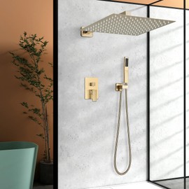 Shower Faucet Rain Shower System with 12 Inches Rainfall Shower Head and Handheld Spray Combo Bathroom Shower Faucet Set Complete Brushed Gold Shower Valve and Trim Kit Wall Mounted
