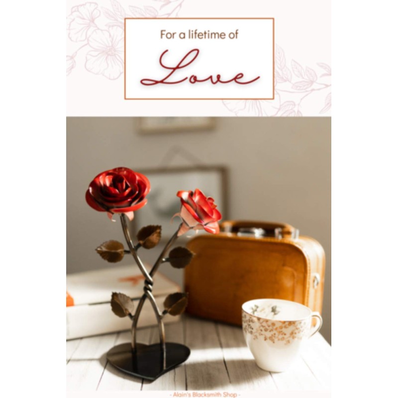 Hand-Forged Wrought Iron Double Red Metal Rose with Twist -