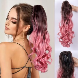 Ponytail Extension,Claw Clip Ponytail Extension Clip in Wavy Ponytail Hair Extensions Long Pony Tails for Women Extensions Wave Hairpiece Clip on Pony Tails Hairpiece for Women (渐变粉色)