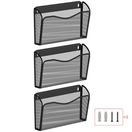 BOHDK Wall File Organizer, Mesh Hanging File Organizer, Durable Home Office Organization and Storage, 3 Single Pockets Document Magazine Rack