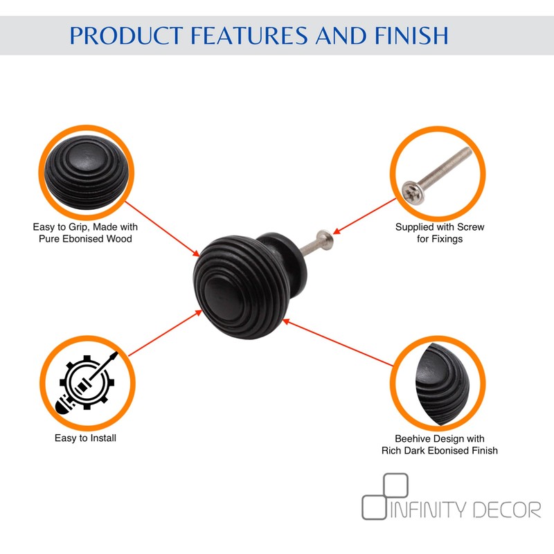 Infinity Decor Ebonised Reeded Wooden Beehive Large Cupboard Knob Interior