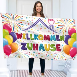 Willkommen Zuhause Banner 150 x 90 cm – Herzlich Willkommen Girlande – Willkommen Zurück Deko – Lebendiger Digitaldruck – 110 Den Polyester – Doppelnaht (Weiß)