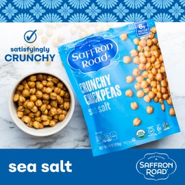 Saffron Road Roasted and Crunchy Sea Salt Chickpeas | High Protein Snacks | Certified Organic, Gluten-free, Vegan, Non-GMO, and Certified Halal and Kosher | 5.4oz Pouch | Pack of 6