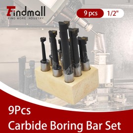 findmall 9 pcs 1/2" Boring Bar Set C6 Carbide Tipped Bars 1/2" Shank Lathe Tool Milling Tools Kit with Base