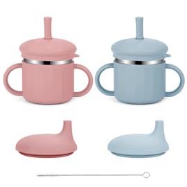 EsOfficce Stainless Steel Baby Sippy Cups, 7.4 Oz Spill Proof Toddler Straw Cups, 3 Stages Training Cup for Toddlers 1-3 Year, Kid Cups with Silicone Sheel and Straws (Coral + Blue)