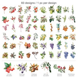 Fruit Themed Scrapbook Sticker Natural Plant Sticker Decal of Fruit with Branch and Leaf Berry Grape Orange Lemon Decorative Sticker for Journal Planner DIY Craft Card Making (Fruit)