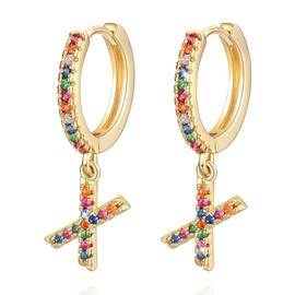 A-Z Letter Earrings, Hoop Earrings for Girls Women Children, 14K White Gold-Plated Cubic Zirconia Initial Letter Earrings, Dangling Small Huggie Earrings, Jewellery, Multicoloured, X-colourful