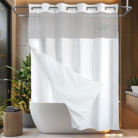 AMM No Hook Waffle Weave Shower Curtain with Snap in Liner Set, White Waterproof Heavy Duty Fabric Cloth Bathroom Curtains with See Through Window, Modern Hotel Farmhouse Bath Curtain Decor 71×74