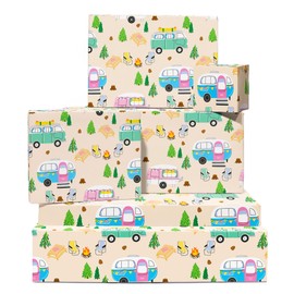 Geschenkpapier zum Geburtstag für Jungen – 6 Bögen Camping-Thema mit Wohnmobil, Lagerfeuer – Pastellfarben für Männer, Frauen, Freunde – Für Weihnachten, Jahrestage, alle Anlässe