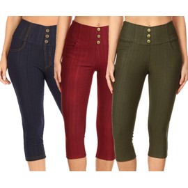 Women's High Waist Stretch Skinny Knit Denim Capri Jeggings Reg-Plus Size (XX-Large, 3PK-Navy/Burgundy/Olive)