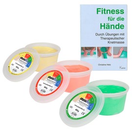 Physioflex Therapie-Knetmasse, Set: 450 g, soft, medium, strong, inkl. Buch