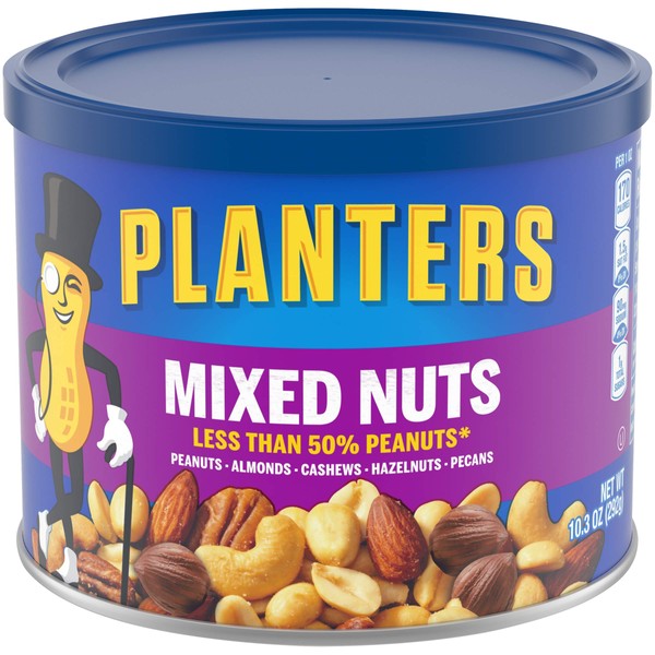 Planters Mixed Nuts (10.3 oz Canister, Pack of 4) - Variety Mixed Nuts with Less Than 50% Peanuts with Peanuts, Almonds, Cashews, Hazelnuts & Pecans