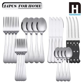 Unbranded 48-Pieces Stainless Steel Flatware Set with Steak Knives - 24 pcs flatware set
