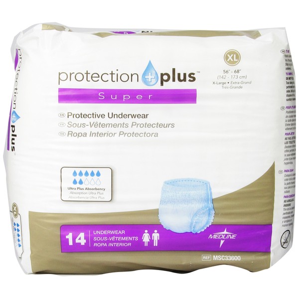 Medline Protection Plus Disposable Protective Incontinence Underwear, XL, 56 to 68", 14 Count (Pack of 4)