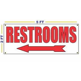 Restrooms left arrow Banner Sign 2x5 new Larger Size for Carnivals Fairs Shows Concerts Sports Events Movies