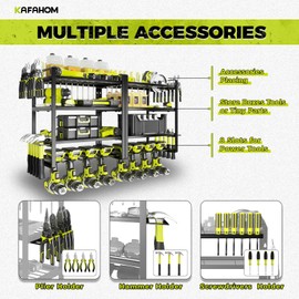KAFAHOM Power Tool Organizer Wall Mount, 4-Tier Drill Holder for Cordless Tools, 2-Pack Set, Garage Storage Rack with Side Hooks for Hammers & Pliers, Tool Organizer for Workshop/Utility Room