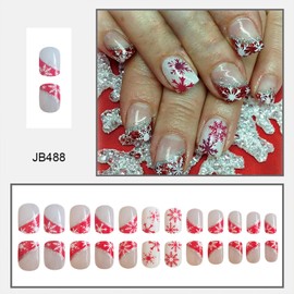 Christmas Press on Nails Short Square Fake Nails With White Red Snowflake Designs Xmas Red French Tip False Nails Full Cover Stick on Nails Winter Acrylic Artificial Nails for Women Glue on Nails