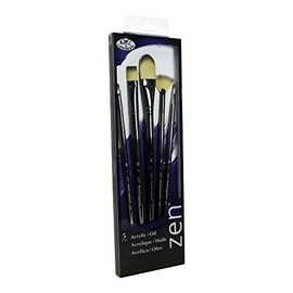 Royal & Langnickel, Zen Series 53, Set of 5 Brushes, Long Handle, Synthetic Filament, Filbert 1 & 12, Fan 6, Bright 2 & 8, RZEN-SET531