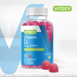 Viteey Vitamin D3 Gummies for Adults & Teens - 2,000 IU, 50mcg, Regular Strength - Muscle Health, Immune Boost - Chewable Vitamin D Gummies - Vegetarian, Gelatin Free - Tasty Berry Flavored Gummy