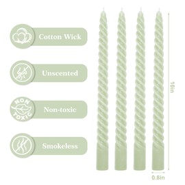 Whaline 8Pcs 10 Inch Sage Green Spiral Taper Candles Dripless Twisted Wax Candles Long Unscented Candle Sticks for Home Party Dining Table Supplies