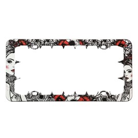 FantasHome Stainless Metal Car License Plate Frame Covers with 4 Holes - Unique Designs, Standard Size for U.S. and Canada (Rose Lady)