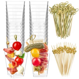 Zezzxu 50 Sets 5 oz Plastic Charcuterie Cups with 100 Sticks, Square Appetizer Cups with Cocktail Picks Mini Party Serving Cups for Fruit, Snack, Dessert
