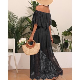 Holipick Black lace Maxi Dress Summer Off Shoulder Long Wedding Guest Beach Boho Photoshoot Floor Length Flowy Dresses