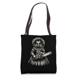 Creepy Girl Wearing Gas Mask Holding a Chainsaw Horror Fan Tote Bag
