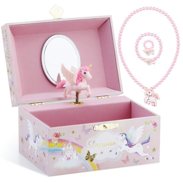 RR ROUND RICH DESIGN Musical Jewelry Glitter Storage Box and Jewelry Set for Little Girls with Spinning Unicorn and Rainbow - Over the Waves Tune Pink