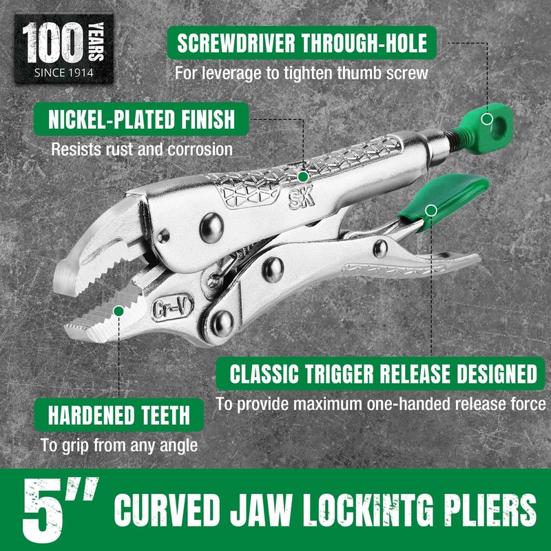 SK 5" Curved Jaw Locking Pliers, Premium CR-V Construction, Ergonomic