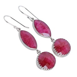 Natural Ruby Gemstone Marquise and Round Drop Dangling Earrings Valentine's day Gift For Wife