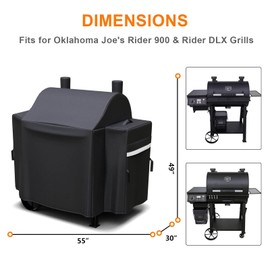 Grisun Grill Cover for Oklahoma Joe's Rider 900 & Rider DLX Grills, Anti-Fade Waterproof Charcoal Offset Smoker Cover, Strap for Fix, Fabric Handle for Easy Put On and Take Off, 600D Material, Black