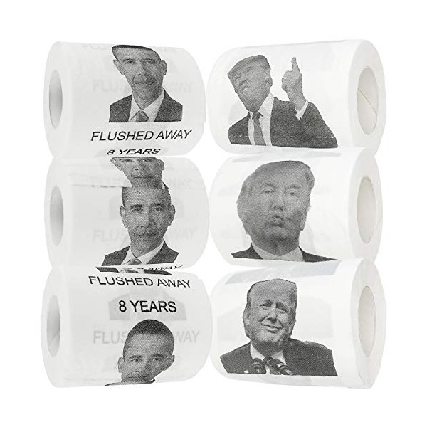 Donald Trump & Barack Obama Toilet Paper, Set of 6 Rolls - Fairly Odd Novelties - Funny Novelty USA Politics Gag Gift, White