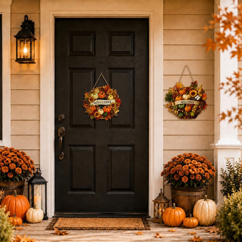 2-Piece Fall Door Decor Set, Welcome Wreath and Harvest Basket
