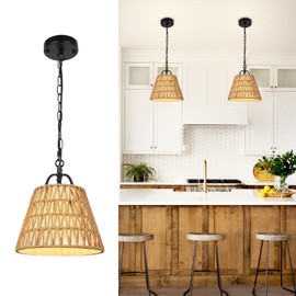 ANQIANYUE Rattan Pendant Light Fixture Mini Rustic Boho Hand Woven Wicker Pendant Lighting with Linen Shade Bamboo Rattan Pendant Light for Kitchen Island, Dining Room, Hallway, Bedroom