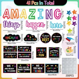 JarThenaAMCS Motivational Bulletin Board Decoration Amazing Things Happen Here Paper Cutouts with 100Pcs Glue Points Bulletin Border Stickers for Classroom Office School Home Decor, 41Pcs