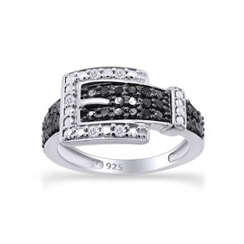 1/4 Carat Black & White Natural Diamond Anniversary Belt Buckle Ring In 14k White Gold Over Sterling Silver (0.25 Cttw) Ring Size-4.5